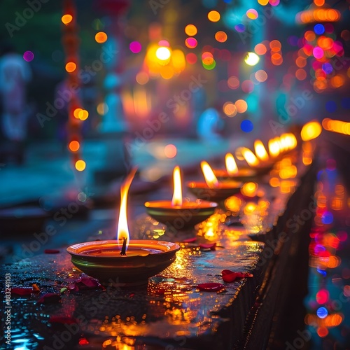Decorative Oil Lamps Lit During a Festive with Vibrant Colorful Lights and Blurred Bokeh