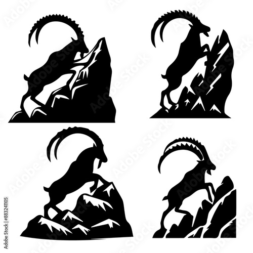 Ibex  Climbing rocks silhouette isolated on white background 