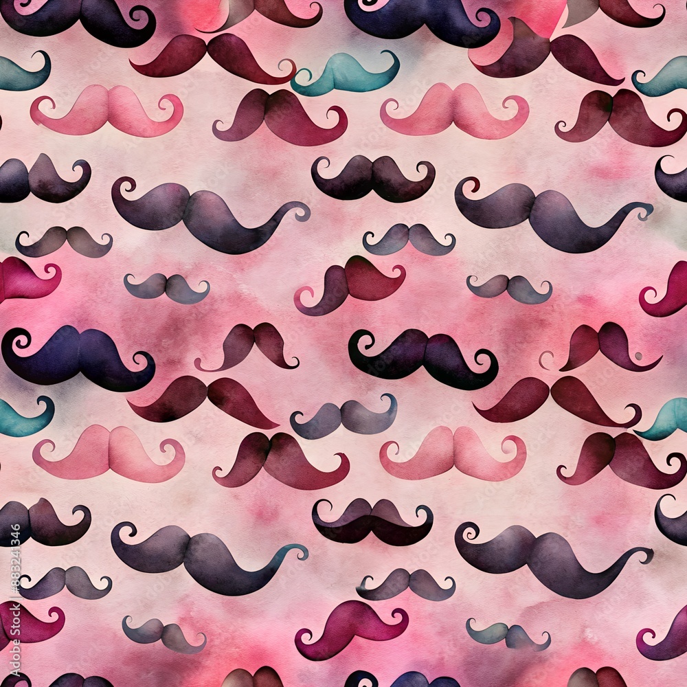 Seamless Pattern of Cute Mustaches on Soft Pink Watercolor Texture Background. Perfect for: Artistic, Romantic Seamless Pattern of Cute Mustaches on Soft Pink Watercolor Texture Background. Perfect for: Artistic, Romantic