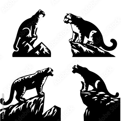 Snow Leopard  Perching on a cliff silhouette on white background