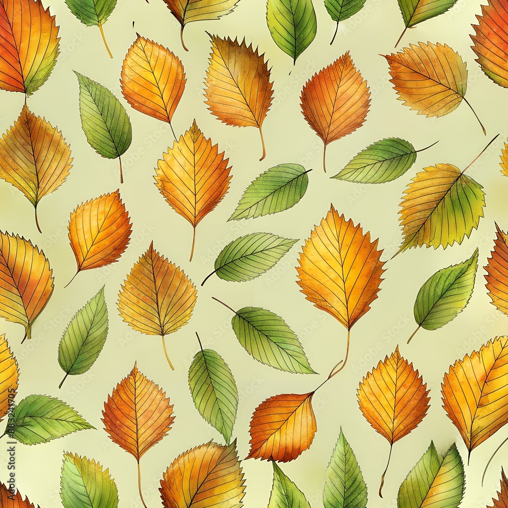 Seamless Pattern of Elm Leaves on Pale Olive Background. Perfect for: Autumn, Nature Seamless Pattern of Elm Leaves on Pale Olive Background. Perfect for: Autumn, Nature