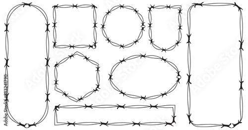 Twisted barbed wire silhouettes Steel black wire barb fence frames. Concept of protection, danger or security. Barb frame. 