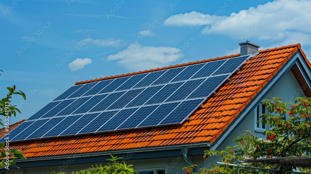 Fototapeta premium Solar panels installed on roof of home. Alternative electricity source Sustainable resources concept