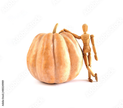 A wooden mannequin staying near the pumpkin, Harvest concept, Isolated, White background