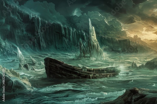 Ancient Iceberg Shipwreck in a Dark and Stormy Sea photo