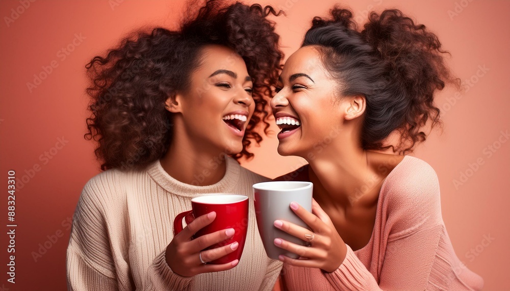Friends sharing a moment of laughter over coffee. on red background Friends sharing a moment of laughter over coffee. on red background