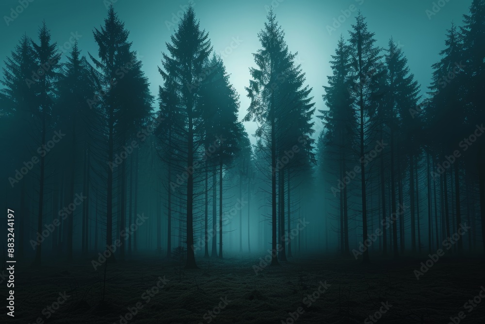 Fototapeta premium Mysterious Foggy Night in a Creepy Pine Tree Forest Generative AI