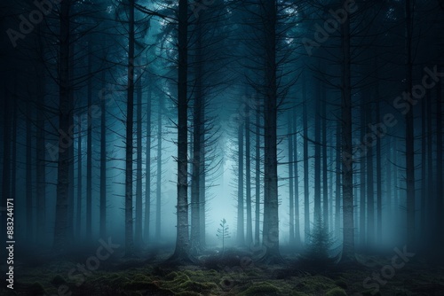 Fototapeta Naklejka Na Ścianę i Meble -  Mysterious Foggy Night in a Creepy Pine Tree Forest Generative AI