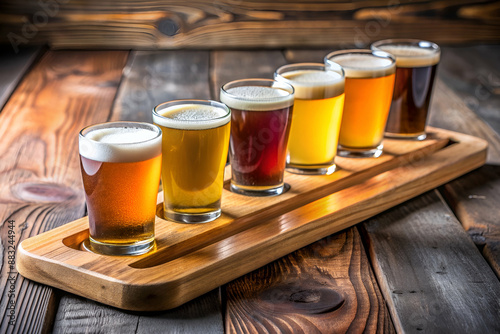 A wooden tray with six different types of beer in glasses