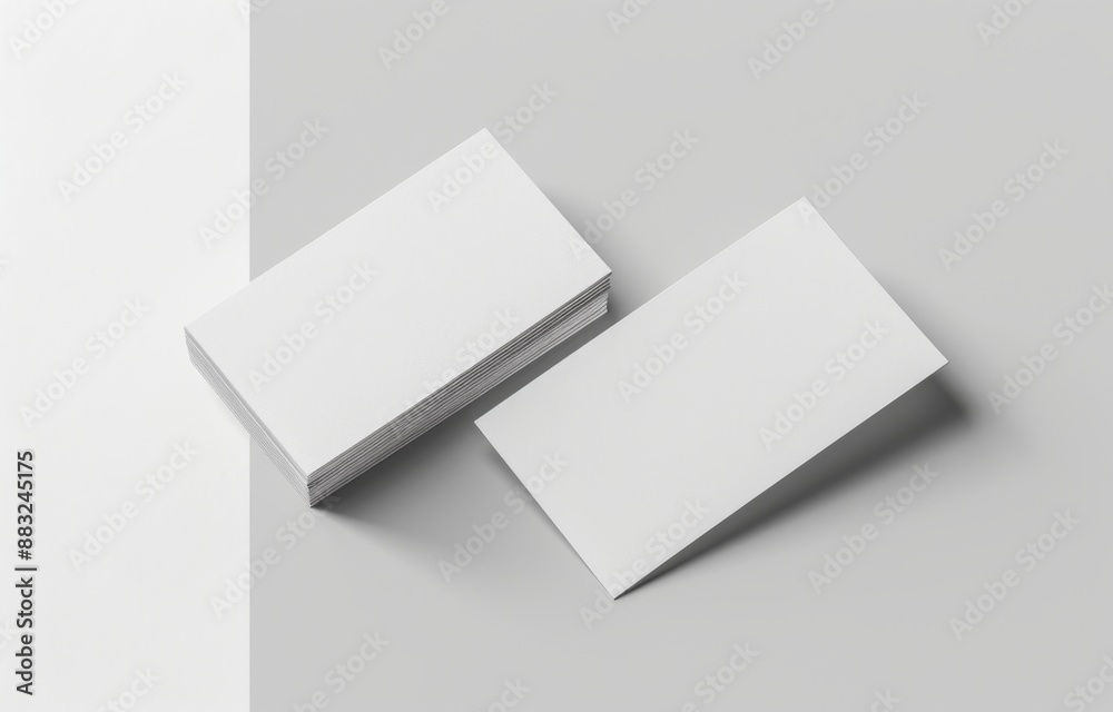 3D Rendering of Two White Rectangular Business Cards on Grey Background. Flat Lay, Top View, and Front View 3D Rendering of Two White Rectangular Business Cards on Grey Background. Flat Lay, Top View, and Front View