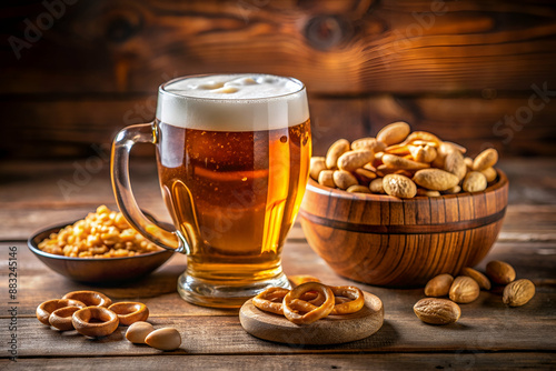 A bowl of nuts and a mug of beer sit on a wooden table. The scene is casual and relaxed, with the combination of snacks