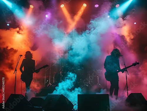 Electrifying Rock Band Performance with Vibrant Stage Lighting and Smoke Filled Atmosphere