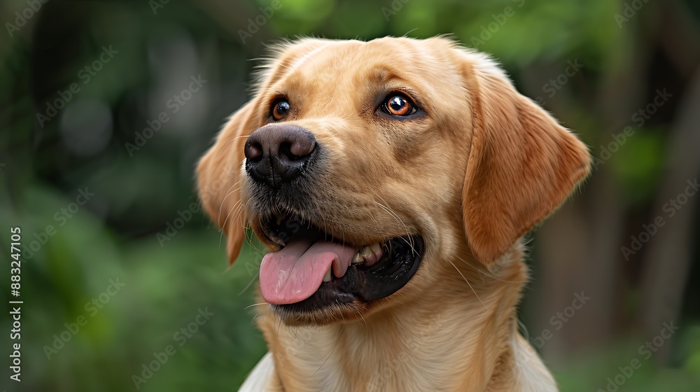 Semi close-up of a joyful dog, gleaming eyes, lively setting Semi close-up of a joyful dog, gleaming eyes, lively setting