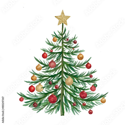 Watercolor Christmas tree clipart transparent background and gold star