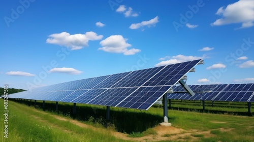 Solar energy panels in a green field with blue sky and sun