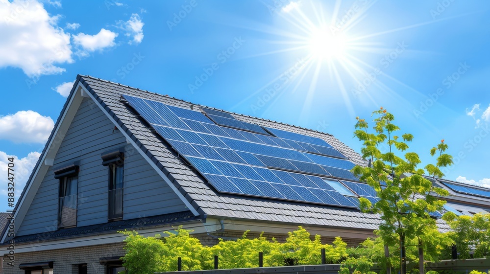 Fototapeta premium Solar panels installed on roof of home. Alternative electricity source Sustainable resources concept