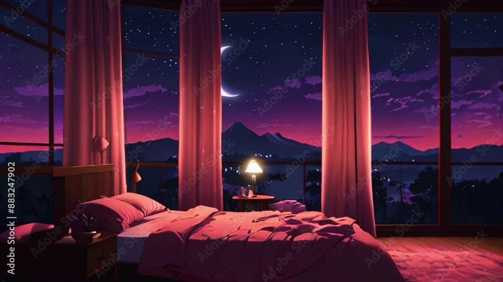 A cozy pink bedroom by a full moon a large window. Soft, lofi music visualizer elements pulse in sync the music, creating a relaxing ambiance, 4k 2D Japanese anime-style purple colors manga Lofi