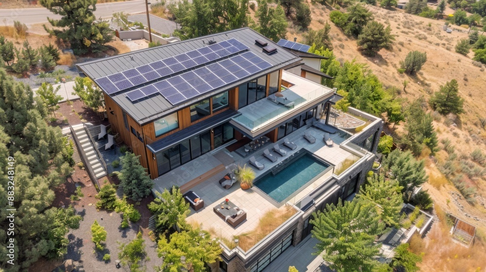 Solar panels on the roof of a beautiful modern home. Renewable energy for the home concept Solar panels on the roof of a beautiful modern home. Renewable energy for the home concept
