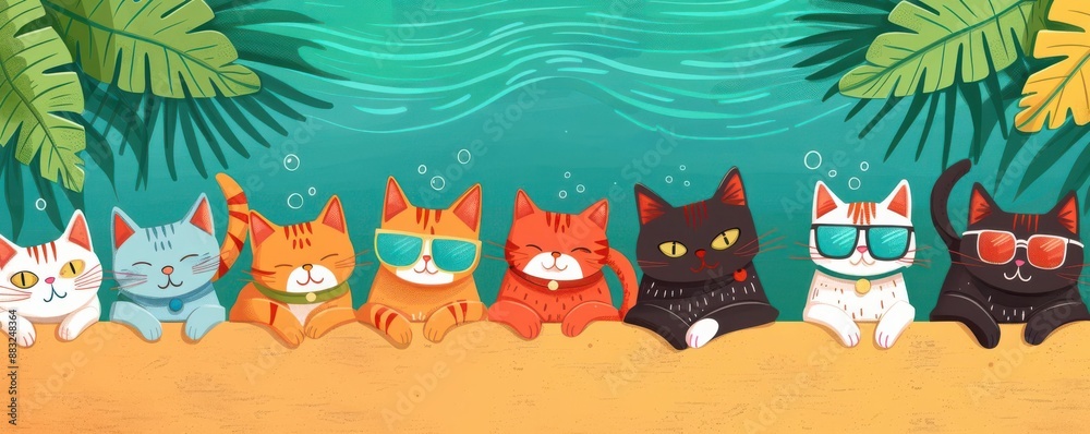 Naklejka premium Cats at a beach party, summer International Cat Day, flat design illustration