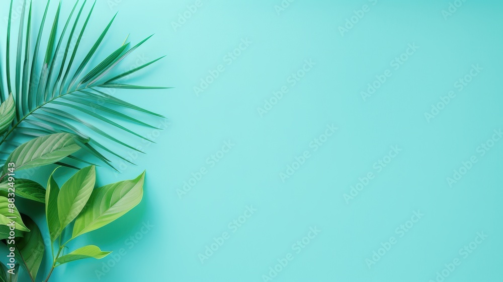 A simple and modern design with a blue background and a tasteful foliage border, creating a minimalist look with sufficient copy space for customization.