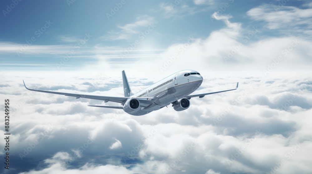 Obraz premium Commercial airplane flying above clouds in the blue sky.