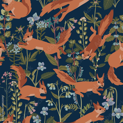 seamless pattern with field flowers and squirrels, vector drawing plants and animals at white background, wild forest, hand drawn botanical illustration