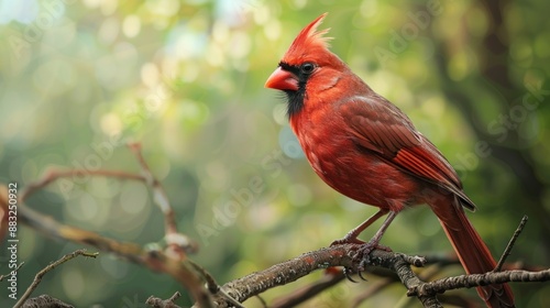 Cardinal bird on tree branch on green background