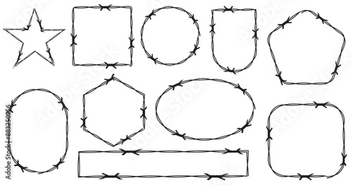 Twisted barbed wire silhouettes Steel black wire barb fence frames. Concept of protection, danger or security. Barb frame. 