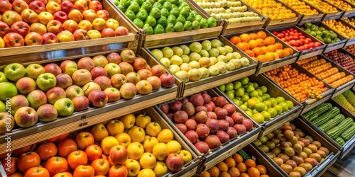 A Fruitful Display Colorful Apples, Pears, and Other Delights in Wooden Crates, fruit market, produce, organic, fresh