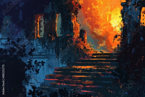 Mysterious temple ruins overgrown with vines in the jungle illuminated by sunlight photo