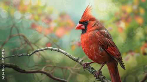 Cardinal bird on tree branch on green background