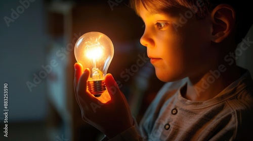 Boy with a light bulb in his hand, glowing brightly, symbolizing imaginative thinking and technological innovation photo