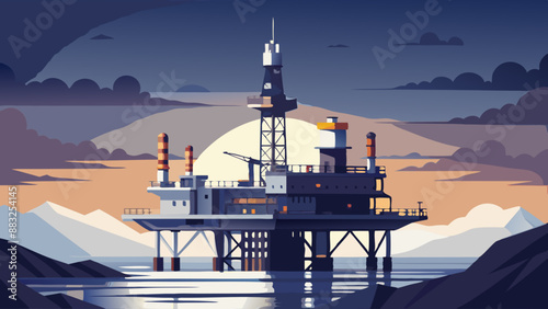 Offshore oil rig drilling platform at sunset. Oil and gas platforms north sea