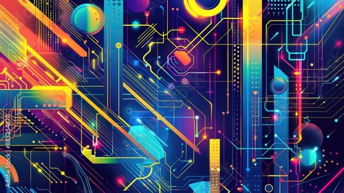 A colorful poster design for a tech conference, incorporating a high-tech color palette and futuristic elements. 32k, full ultra HD, high resolution