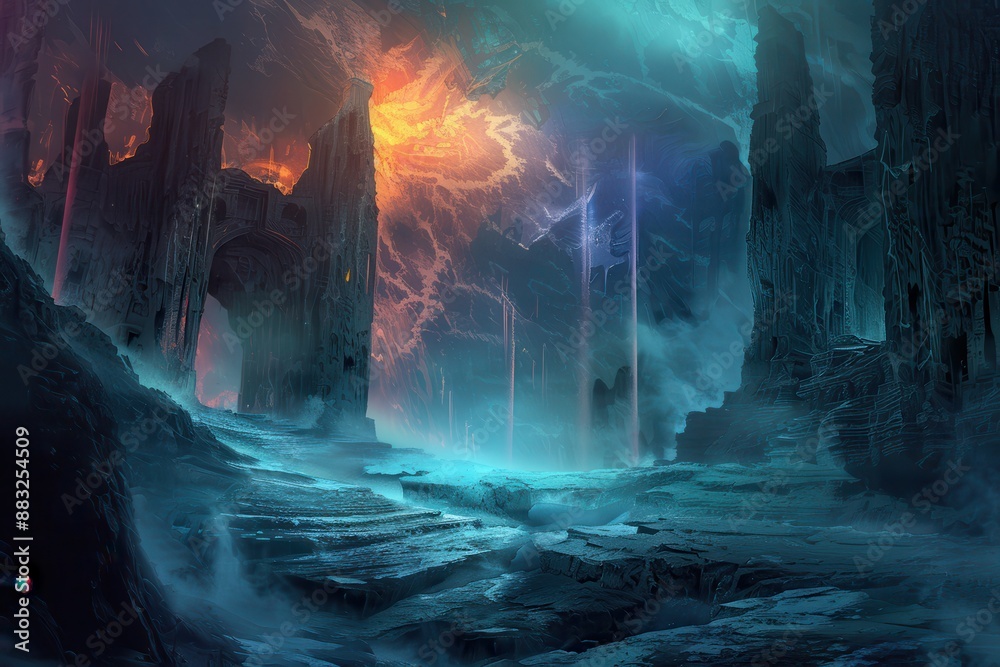 Alien landscape with ruins of ancient alien structures Alien landscape with ruins of ancient alien structures