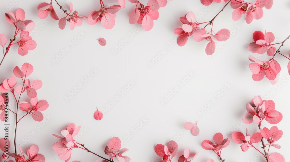 A pink foliage border frames a clean, minimalist background, providing plenty of copy space for text or design elements. A pink foliage border frames a clean, minimalist background, providing plenty of copy space for text or design elements.