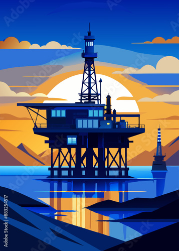 Offshore oil rig drilling platform at sunset. Oil and gas platforms north sea