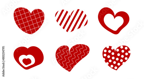 Heart icons set. A set of hearts. Hand-drawn hearts with patterns. Red and white hearts icons. Patterned hearts icons.