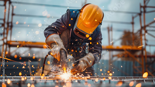 Construction worker using a welding torch, sparks flying