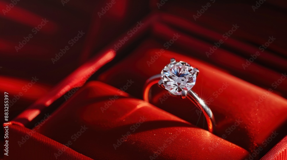 The diamond ring lies in a red box on a red background The diamond ring lies in a red box on a red background