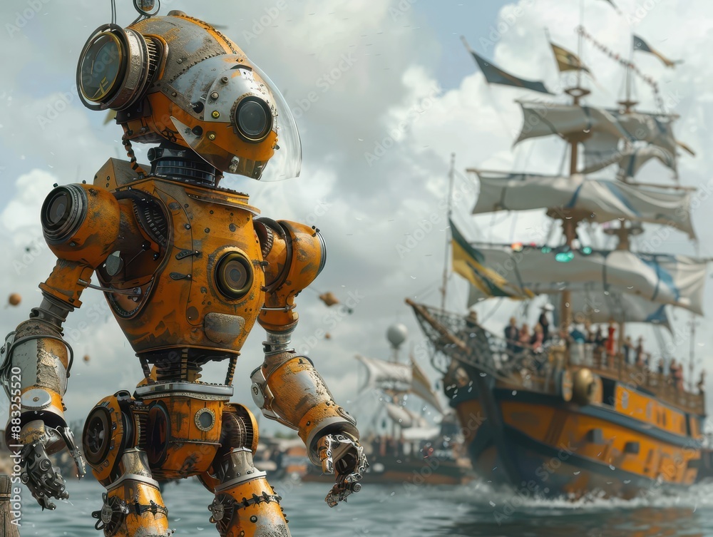 Steampunk robot on a nautical adventure with a vintage ship in the background, combining futuristic and historical elements. Steampunk robot on a nautical adventure with a vintage ship in the background, combining futuristic and historical elements.