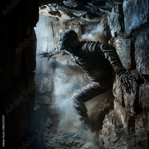 A man in a mummy costume is climbing a rocky wall photo