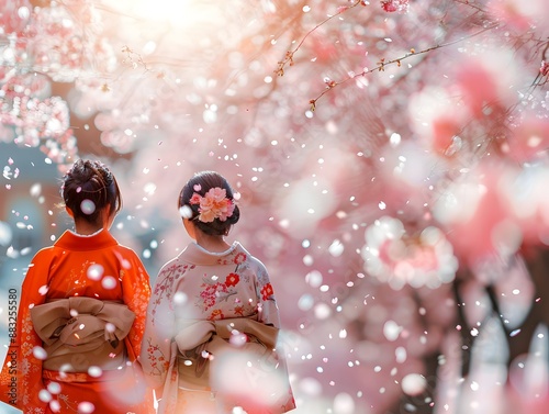 Couple in Traditional Japanese Kimonos Strolling Through a Serene Cherry Blossom Garden