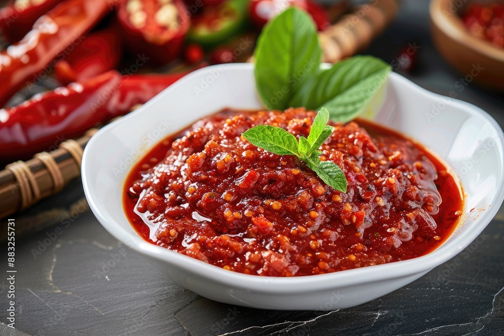 bowl of spicy sambhal belacan sauce with spices on grey background bowl of spicy sambhal belacan sauce with spices on grey background