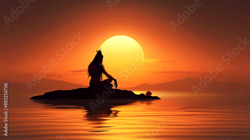 Silhouette of a meditating yogi on a rock with a lotus flower in a lake during a colorful sunset