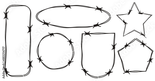 Twisted barbed wire silhouettes Steel black wire barb fence frames. Concept of protection, danger or security. Barb frame. 