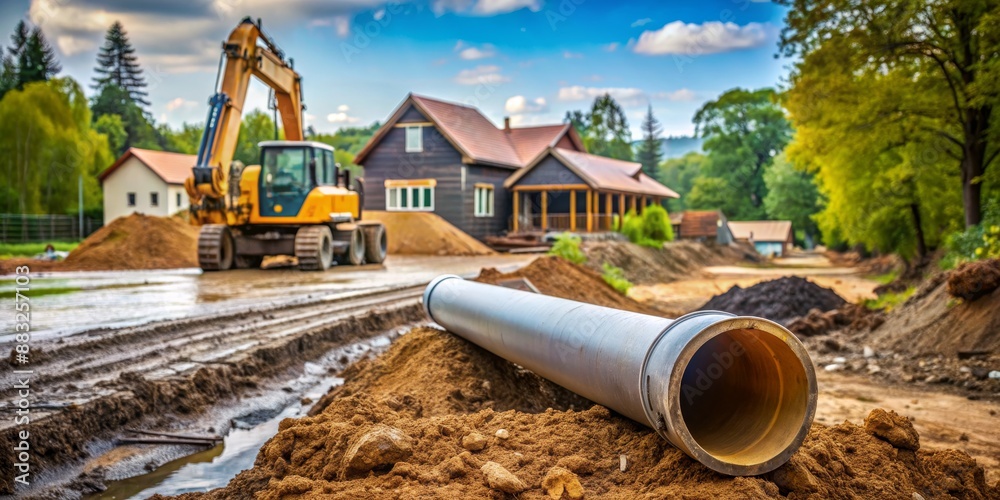 Close-Up of Grey Pipe in Construction Zone with Excavator and House in the Background, Construction, Pipe, Excavation, Utility Close-Up of Grey Pipe in Construction Zone with Excavator and House in the Background, Construction, Pipe, Excavation, Utility