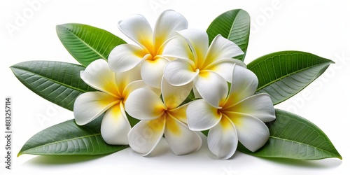 Close-up of White Frangipani Flowers with Green Leaves, tropical , exotic , plumeria , spa photo