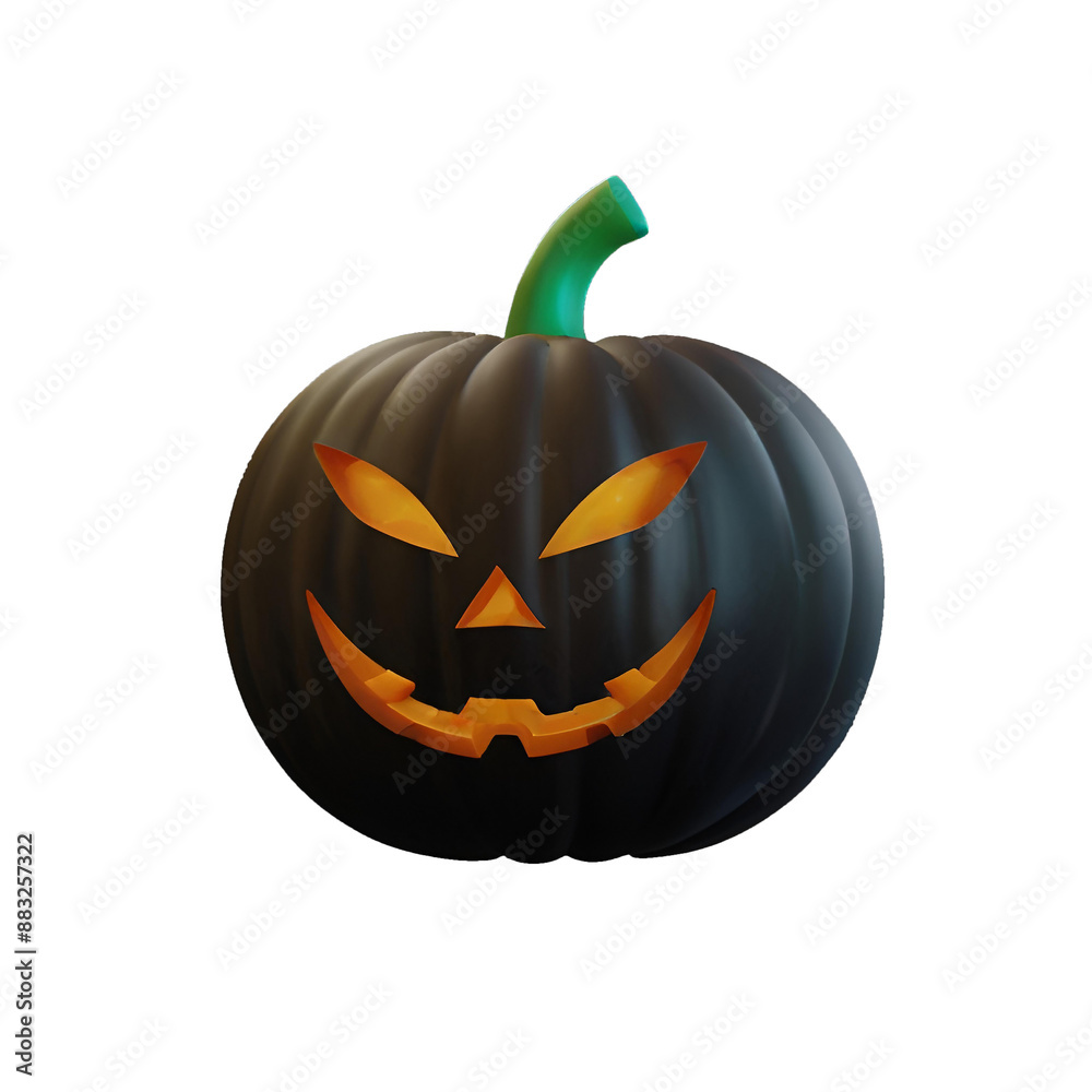Transparent 3D jack-o'-lantern with a carved, smiling face, triangular eyes, and a green stem. Transparent 3D jack-o'-lantern with a carved, smiling face, triangular eyes, and a green stem.