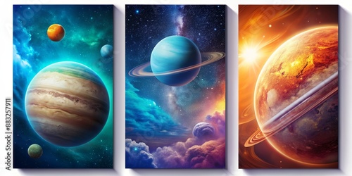 Cosmic Triptych Three Planets, Rings, and Nebulae, Space, Planets, Galaxy, Astronomy